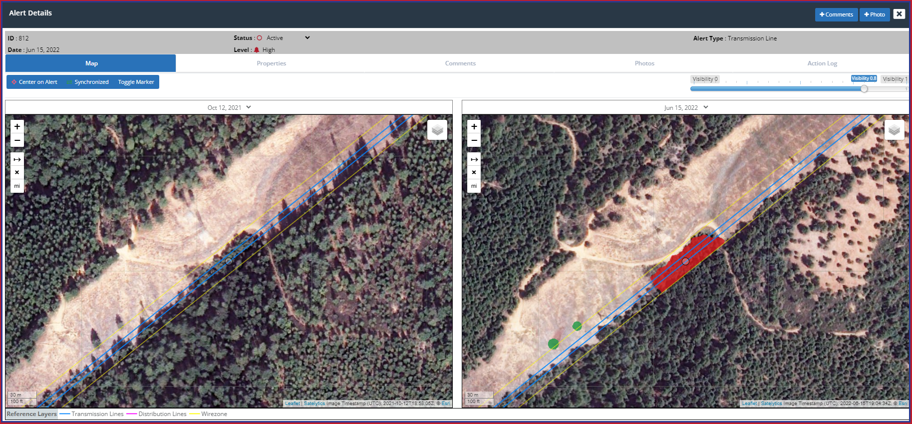 Work verification survey (right) shows which trees were removed (green dots) and which were not (red area).