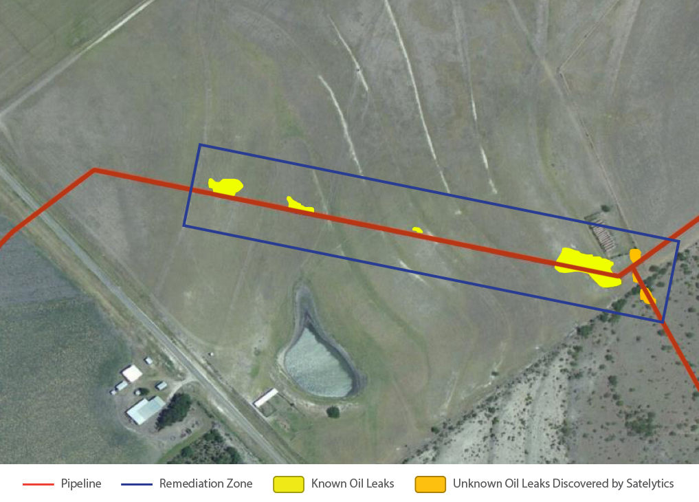 In October 2015, the operator was aware of only four leaks. Red represents the eight-inch buried transmission line. The leaks the operator was aware of are highlighted in yellow. The blue rectangle represents the multi-million dollar remediation. Two leaks, highlighted in orange, that had gone undetected by visual inspection by the operator, were discovered by Satelytics.