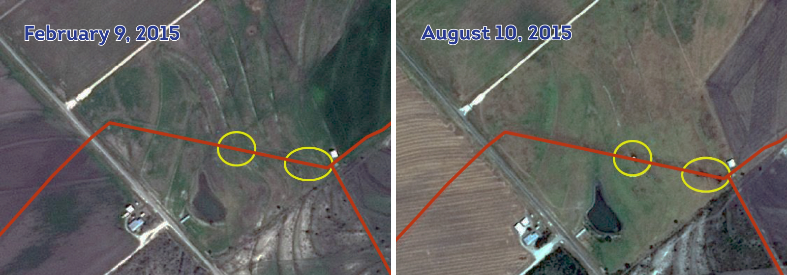 Satelytics applied its techniques to both sets of data and established that there were no leaks in February, but the leaks are clearly visible from satellite imagery captured in August.