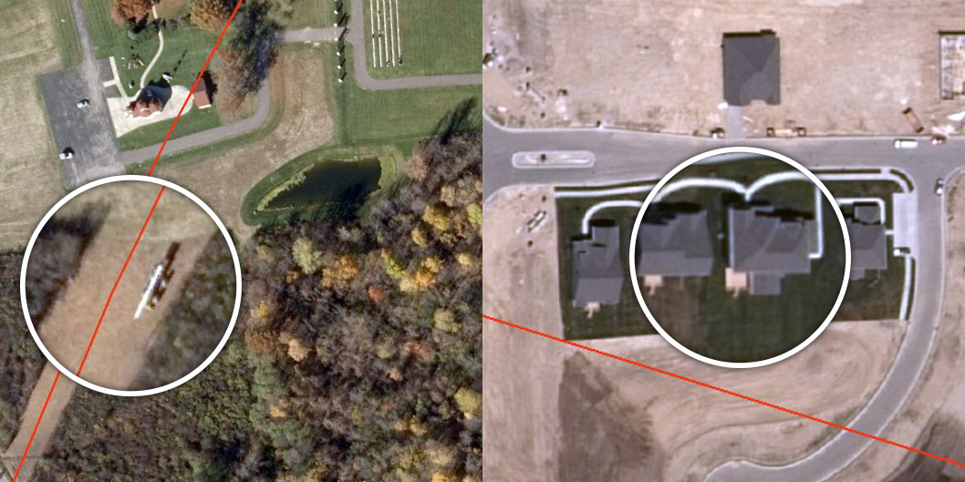 Figure 2. These 2014 images show (on left) a farm vehicle in the encroachment area and (on right) man-made structures beginning to encroach on a pipeline routing. By building an imagery database, encroachments can also be archived and analyzed for patterns representing urban sprawl and population growth. Red indicates pipeline routing.