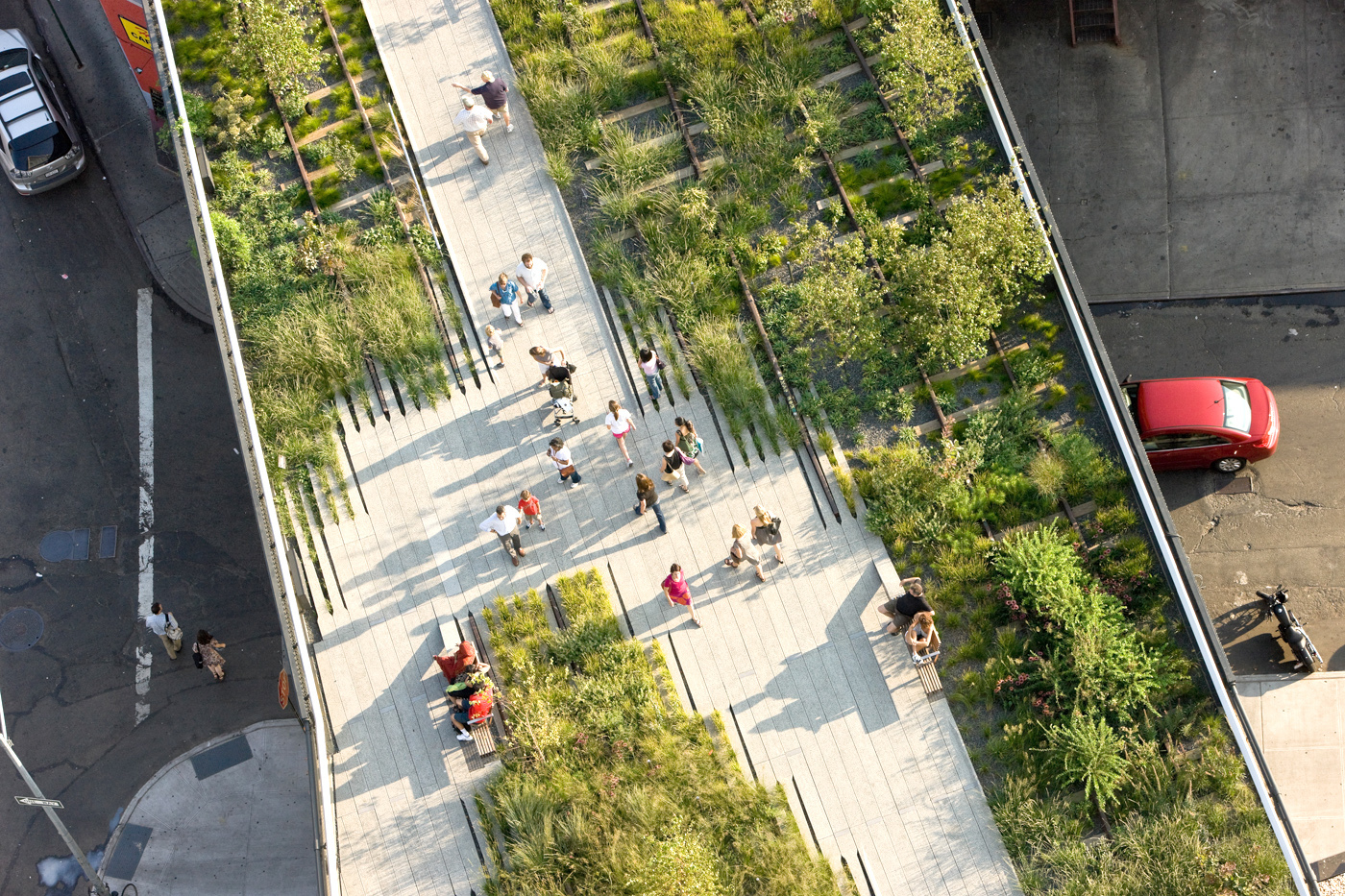 The New York City High Line: a converted elevated rail system now boasting a verdant, green walkway snaking through the harsh urban landscape while also helping to collect and retain storm water.