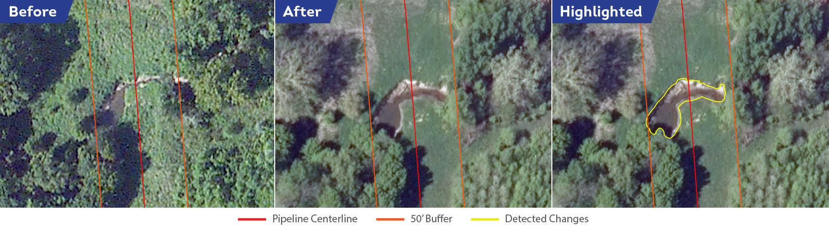 Another water crossing where the bank has eroded significantly. Whereas current surveying methods rely on aircraft pilot or field crew judgments, Satelytics allows for a clear side-by-side comparison of the dates.